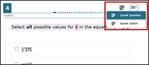 Sample test question, with the TTS icon displayed and the Speak Option and Speak Question options indicated.
