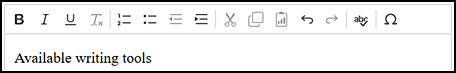 Writing toolbar, with buttons for Bold, Italics, Underline, Superscript, Numbered List, Bulleted List, Left Indentation, Right Indentation, Cut, Copy, Paste, Undo, Redo, Spell Check, and Symbols.