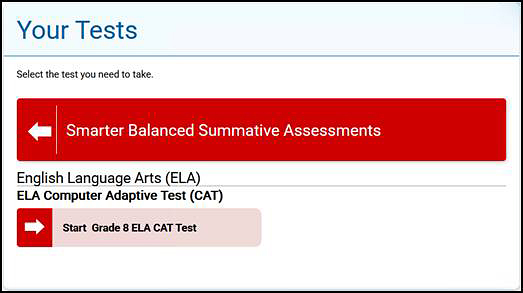 Your Tests screen from which a student selects a test.