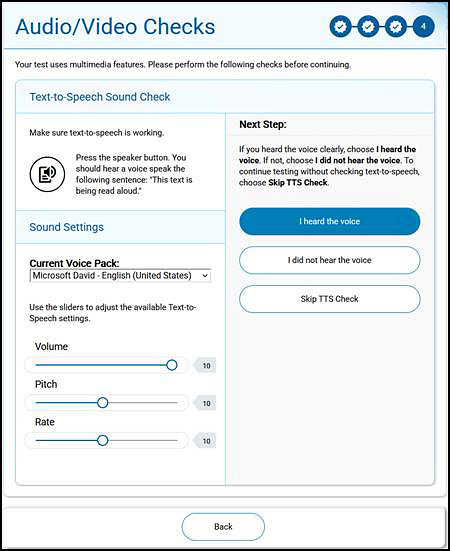 Text-to-Speech Sound Check section of the Audio/Video Checks screen.