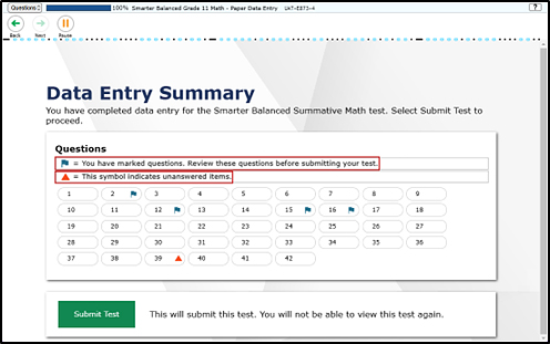 Data Entry Summary screen with the text indicating marked questions and that the triangle symbol equals unanswered items called out.