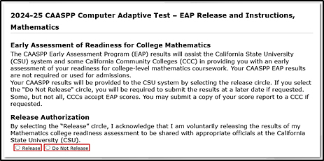 EAP Release and Instructions section of the Data Entry Summary screen with the options of Release and Do Not Release indicated.