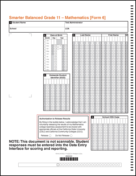 Front page of the grade eleven answer booklet with the Authorization to Release Results box indicated