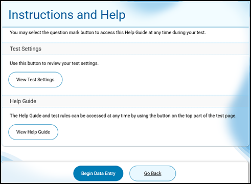 Instructions and Help screen with Begin Data Entry and Go Back buttons.