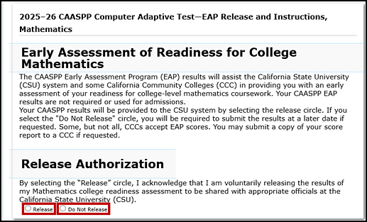 EAP Release and Instructions section of the Data Entry Summary screen with the options of Release and Do Not Release indicated.