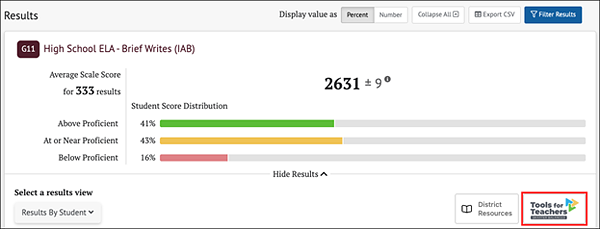 Tools for Teachers button on the assessment results view.