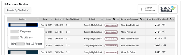 Student Options Context Menu.