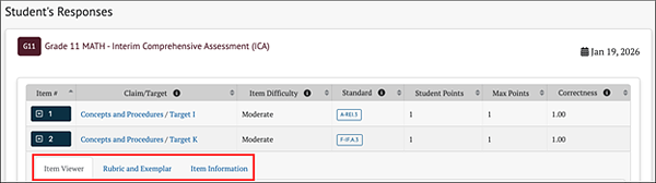 student responses with the row expanded to show additional item details.
