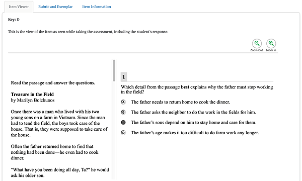 Item-Level tabs shown for an item number are Item Viewer, Rubric and Exemplar, and Item Information. 