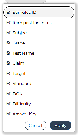 Drop-down list from the Interim Assessment Item Portal. 
