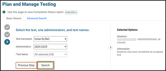 Plan and Manage Testing screen showing Test options with the Next Step button indicated.