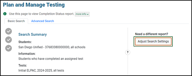 Plan and Manage Testing screen showing the Search Summary with the Adjust Search Settings button indicated.