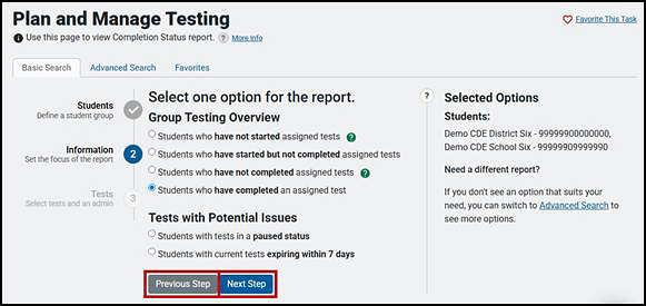 Plan and Manage Testing screen showing Information options described in the previous numbered list with the Previous Step and Next Step buttons indicated.