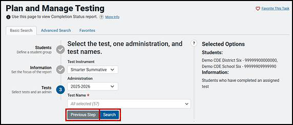 Plan and Manage Testing screen showing Test options with the Previous Step and Search buttons indicated.