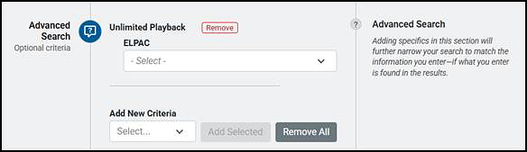 Additional criteria for ELPAC in the Advanced Search section.