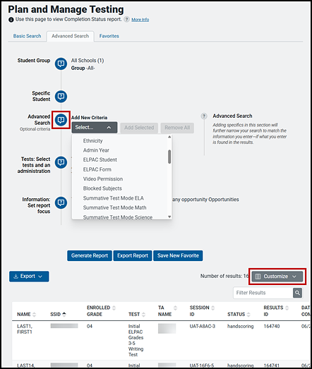 Report in Plan and Manage Testing with the Advanced Search drop-down list open.