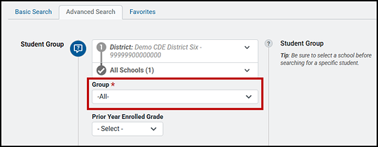 Student Group section with the selection list for group indicated.