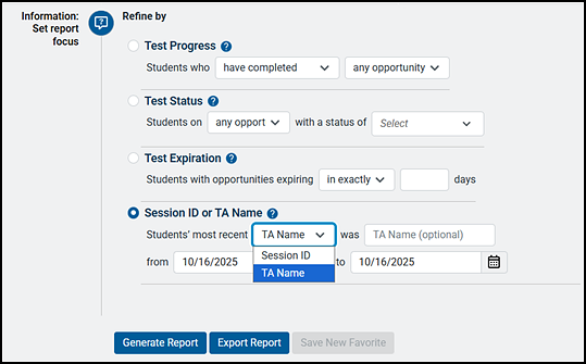 Information on the Plan and Manage Testing screen with the Session ID or TA Name radio button selected.
