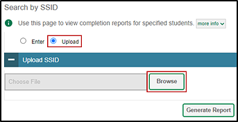 Upload SSIDs options on the Search by SSID screen with the Upload radio button and the Browse button indicated.