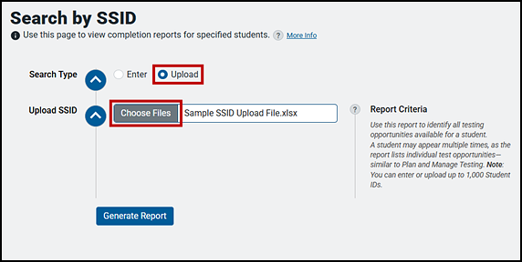 Upload SSIDs options on the Search by SSID screen with the Upload radio button and the Choose Files button indicated.