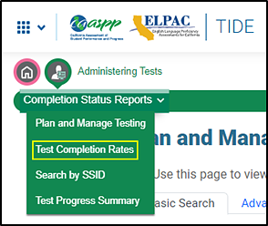 Completion Status Reports drop-down list with the Test Completion Rates option indicated.