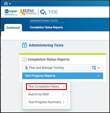 Test Progress Reports drop-down list with the Test Completion Rates option indicated.