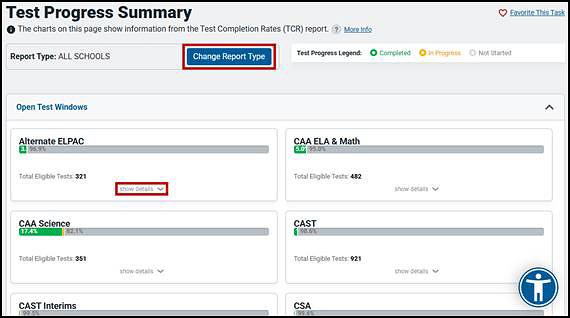 Test Progress Summary showing assessments available for administration and the Change Report Type button and show details link indicated.