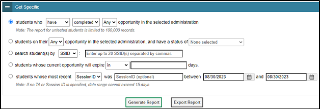 Get Specific options on the Plan and Manage Testing screen.