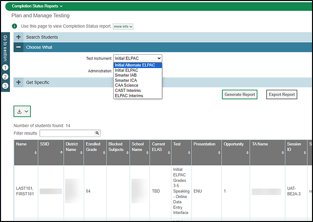 An online report with Initial Alternate ELPAC selected from the Test Instrument drop-down list.