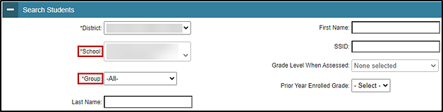 Search Students on the Plan and Manage Testing screen with the School and Group drop-down lists indicated.