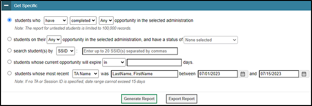 Get Specific on the Plan and Manage Testing screen with the student whose most recent radio button selected.