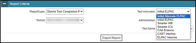 An online report with the 'Report Criteria' parameter open and the Initial Alternate ELPAC criteria selected from the Test Instrument drop-down list.