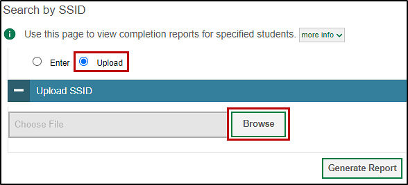 Upload SSIDs options on the Search by SSID screen with the Upload radio button and the Browse button called out.