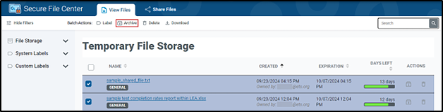 Temporary File Storage with the Archive button indicated in the Batch Actions.