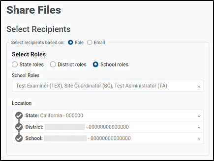 Select Recipients in the Share Files tab; options include selecting roles and location information.