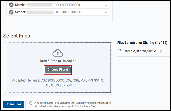 'Select Files' section of the Share Files tab with the Choose File(s) and Share Files buttons indicated.