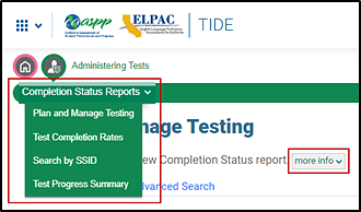 Menu bar, with the Completion Status Reports drop-down list and more info button indicated.