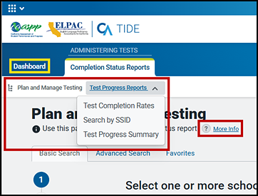 Menu bar, with the Dashboard link, Test Status Reports drop-down list, and More Info button indicated.