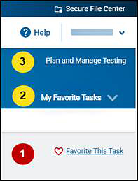 Top-right corner of the screen with the Favorite This Task link, My Favorite Tasks link, and Plan and Manage Testing links called out.