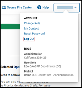 Name drop-down list with the Log Out option indicated.