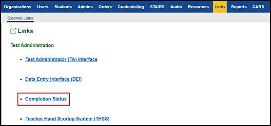 Links screen in TOMS with the Completion Status link indicated.