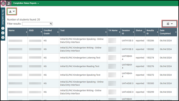 Online Testing Progress Report with the Export list and Hide/Show Columns indicated.