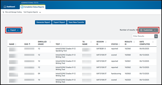 Online Testing Progress Report with the Export and Customize buttons indicated.