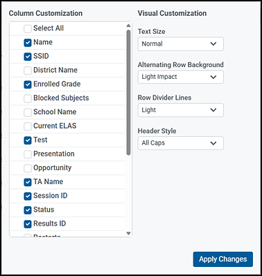 Panel with a list of columns to customize on the left and display option drop-down lists on the right.
