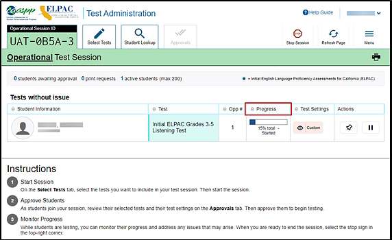 Test Administrator Interface layout with students in session with the Progress column indicated.