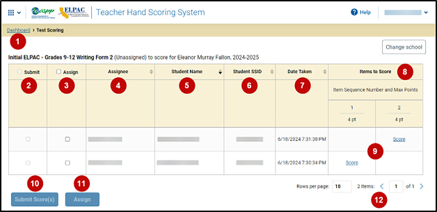 THSS Dashboard Test Scoring screen with callouts described in the numbered list that follows.