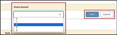 Section of a THSS screen with the Points Earned drop-down list and Save and Cancel buttons indicated.