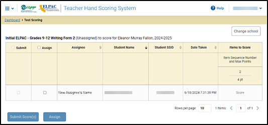 Test Scoring screen with one fewer row and only one scorer in the Assignee column.