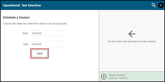 Test Administration screen with the Upcoming Session tab and the Schedule a Session button indicated.