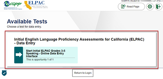 Available Tests screen with the Initial ELPAC Writing test selected for the student's applicable grade level or grade span.